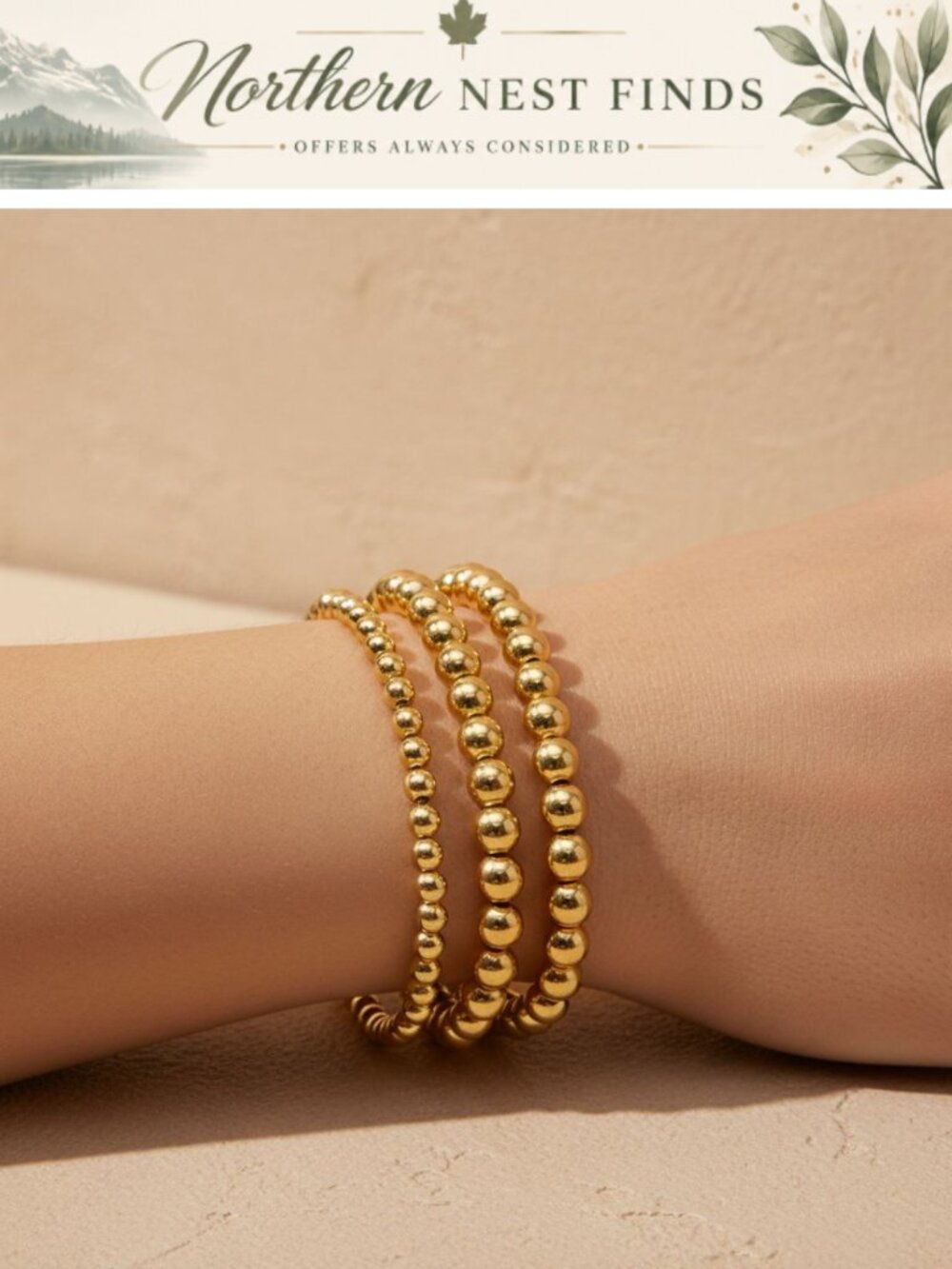 14K Gold Plated Bracelet Set 5pc Adjustable Hypoallergenic Minimal Stackable